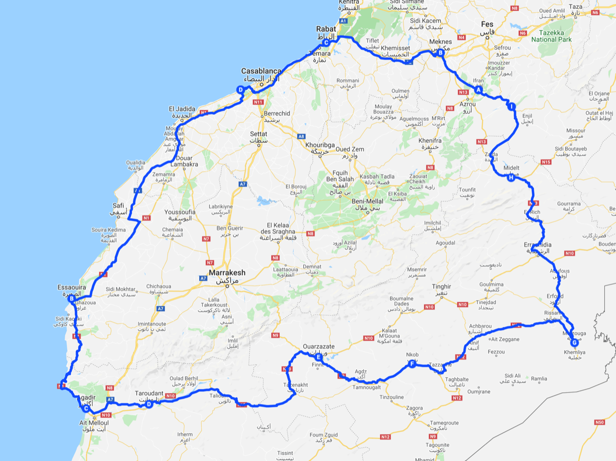 Map of my motorbike trip through Morocco